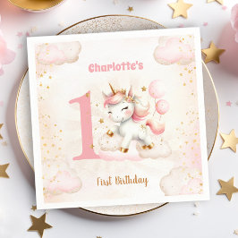 Rosa Cute Unicorn Girl 1st Birthday Papper Napkins Pappersservett