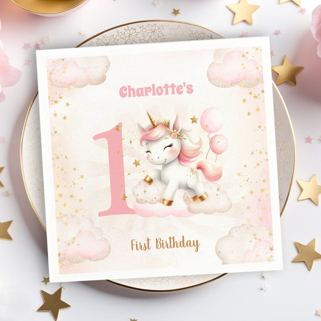 Rosa Cute Unicorn Girl 1st Birthday Papper Napkins Pappersservett (Pink Cute Unicorn Girl 1st Birthday Paper Napkins)