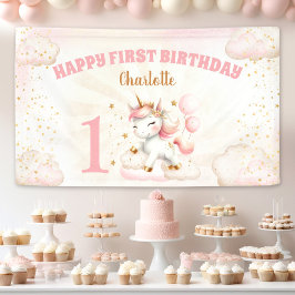 Rosa Cute Unicorn Girl 1st Birthday Party Banner