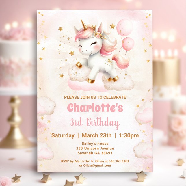 Rosa Cute Unicorn Girl Birthday-inbjudan Inbjudningar (Pink Cute Unicorn Girl Birthday Invitation)