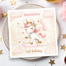 Rosa Cute Unicorn Girl Birthday Papper Napkins Pappersservett