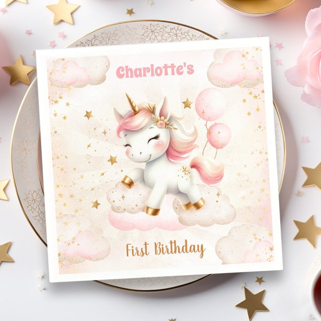 Rosa Cute Unicorn Girl Birthday Papper Napkins Pappersservett (Pink Cute Unicorn Girl Birthday Paper Napkins)