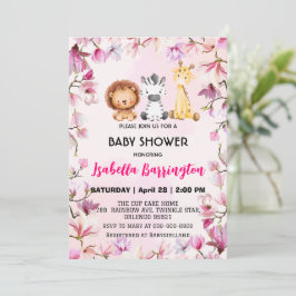 Rosa Cute vild unge safari blommor, babyduschbarn Inbjudningar