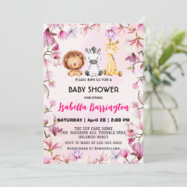 Rosa Cute vild unge safari blommor, babyduschbarn Inbjudningar