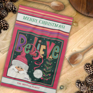 Rosa Cute Whimsical Santa Personlig jul Kökshandduk