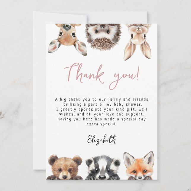 Rosa Cute Woodland Forest Animals Baby Shower Tack Kort (Framsida)