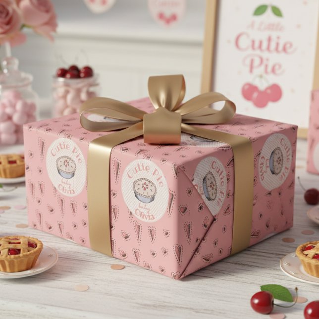 Rosa Cutie Paj Flicka Presentpapper (Boho A Little Cutie Pie Thanksgiving Baby Shower Wrapping Paper for Fall. Autumn Pie and Cute Hearts)