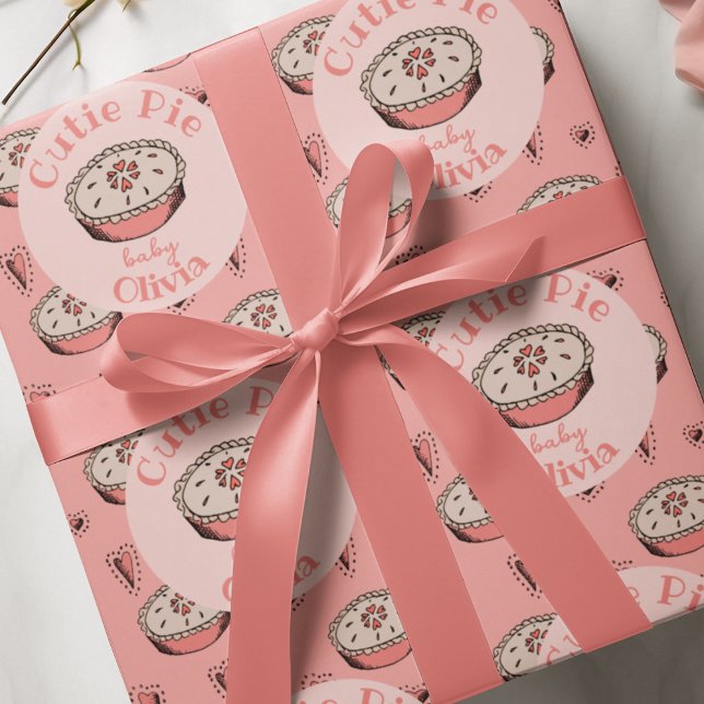Rosa Cutie Paj Flicka Presentpapper (A Little Cutie Pie Baby Shower Wrapping Paper in Pink. Hand Drawn Pie & Cute Hearts for Fall, Autumn)
