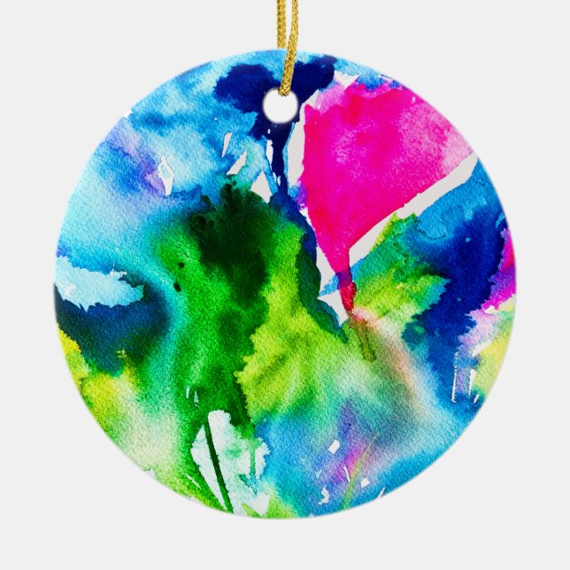 Rosa Cyclamen-blommans abstrakt, vattenfärg Julgransprydnad Keramik (Framsidan)