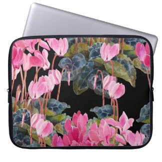 Rosa Cyclamen: Mörk Blommigt Vattenfärg Laptop Fodral