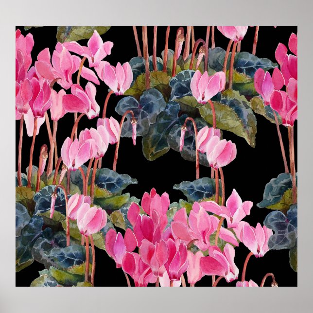 Rosa Cyclamen: Mörk Blommigt Vattenfärg Poster (Framsidan)