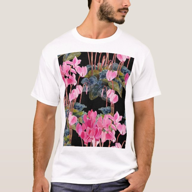 Rosa Cyclamen: Mörk Blommigt Vattenfärg T Shirt (Framsida)