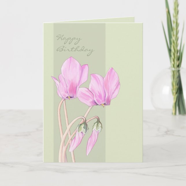 Rosa Cyclamens grönt Birthday Card Kort (Framsida)