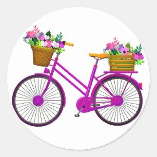 Rosa cykel med Basket av blommor - Runt Klistermärke