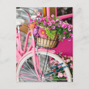 rosa-cykel och blommor vykort