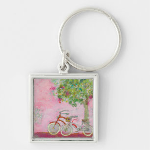 Rosa cyklar fyrkantig silverfärgad nyckelring