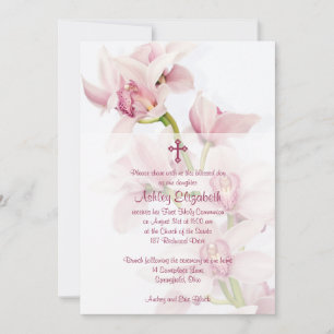 Rosa Cymbidium Orchid First Communion Call Inbjudningar