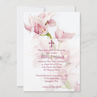 Rosa Cymbidium Orchid First Communion Call Inbjudningar