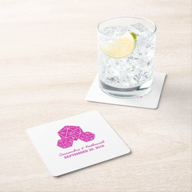 Rosa D20 Dice Bröllop Pappra Underlägg Papper Kvadrat (Insitu)