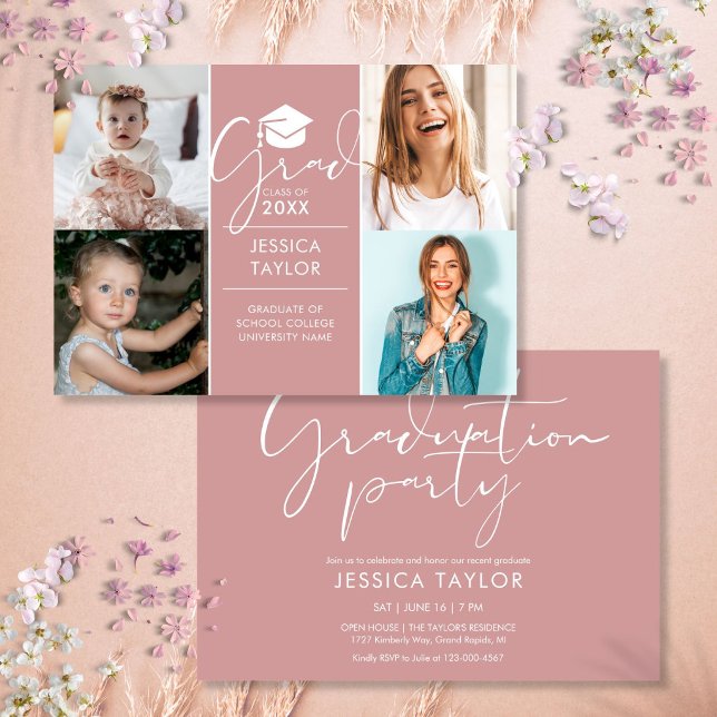 Rosa då och nu 4 Foto Examenfest Inbjudningar (Pink Then And Now 4 Photo Graduation Party Invitation
)