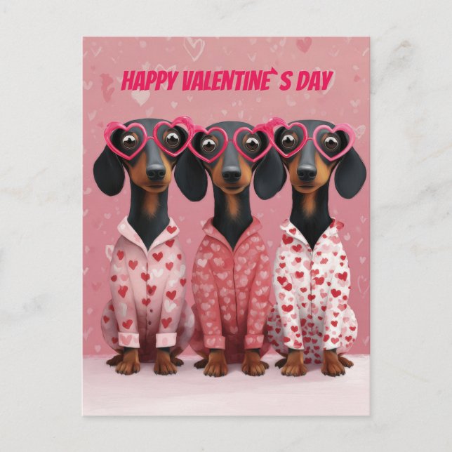  Rosa Dachshund Alla hjärtans dag-kort Helg Vykort (Framsida)