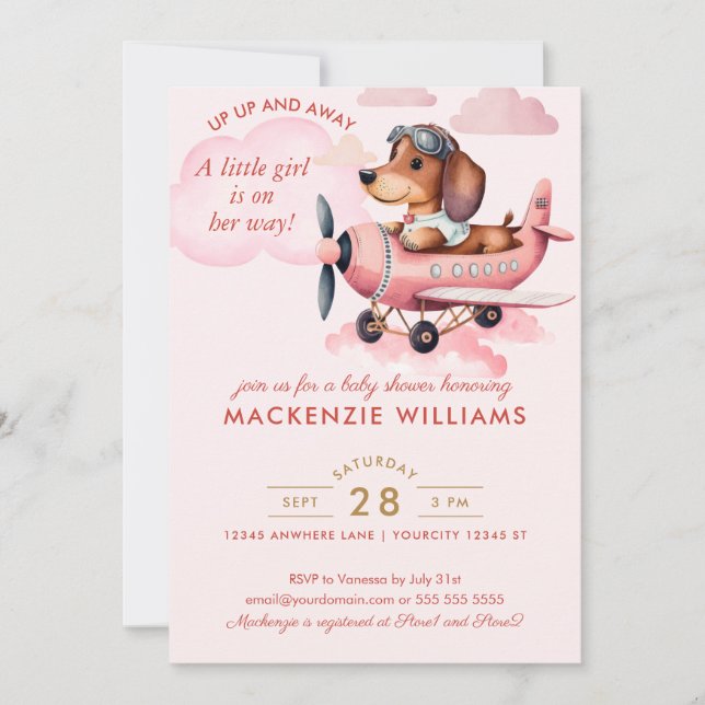  Rosa Dachshund Flygplan Baby Shower Girl Inbjudningar (Framsida)