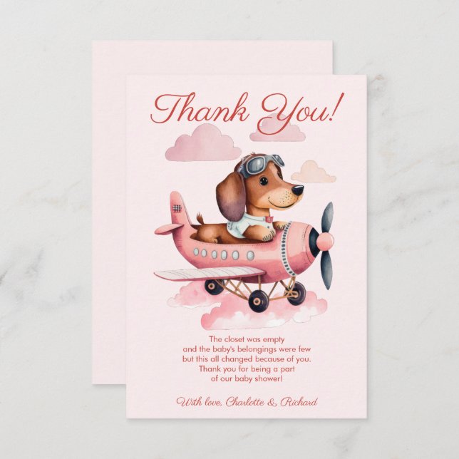 Rosa Dachshund Flygplan Baby Shower Tack Kort (Fram/baksida)