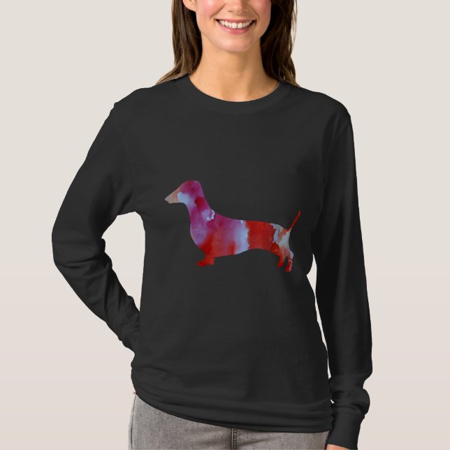 Rosa Dachshund Watercolor Art T Shirt (Framsida)