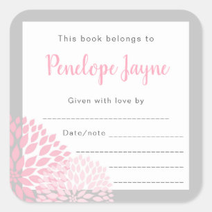 Rosa Dahlia Baby Shower Bookplate Fyrkantigt Klistermärke