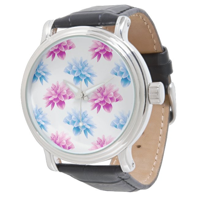 Rosa Dahlia, Blå Dahlia, Blommönster, Blommor Armbandsur (Vinklad)
