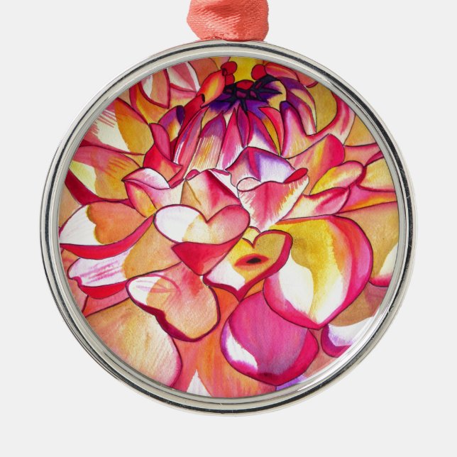 Rosa Dahlia-blommans vattenfärgskonst bra Julgransprydnad Metall (Framsidan)