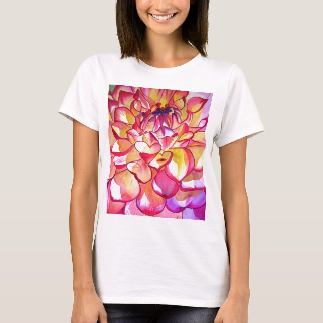 Rosa Dahlia-blommans vattenfärgskonst bra T-shirt (Framsida)