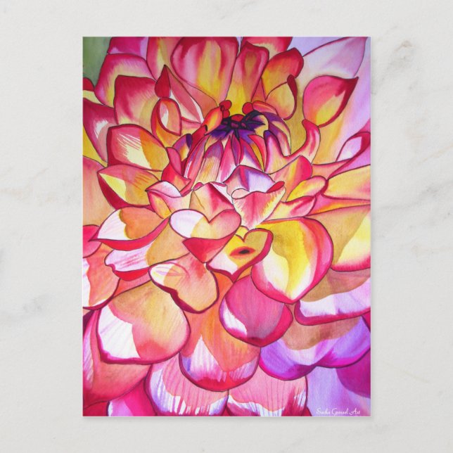 Rosa Dahlia-blommans vattenfärgskonst bra Vykort (Framsida)