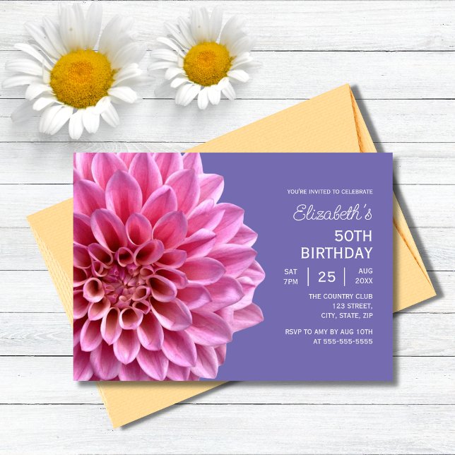 Rosa Dahlia Blommigt Lavender Lila 50:e födelsedag Inbjudningar (Skapare uppladdad)