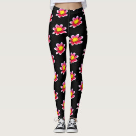 Rosa Dahlia Blommönstrade Svarta Leggings