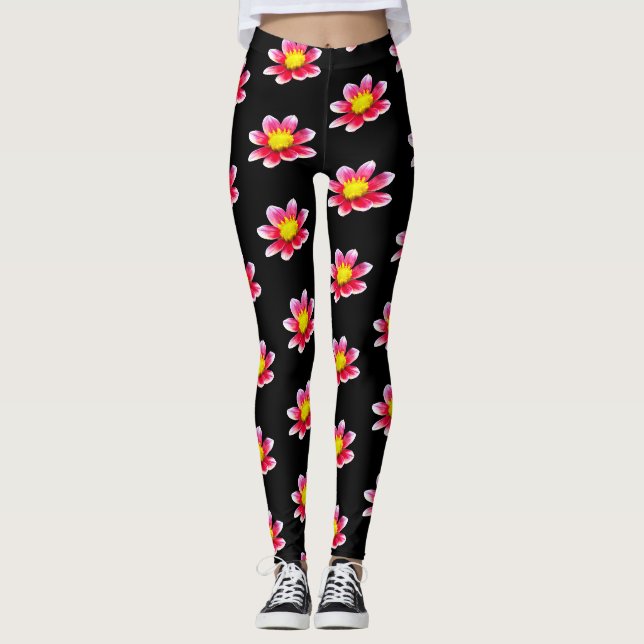 Rosa Dahlia Blommönstrade Svarta Leggings (Framsida)
