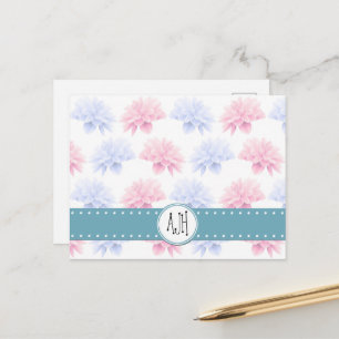 Rosa Dahlia, Blue Dahlia, Flowers, Monogram Vykort