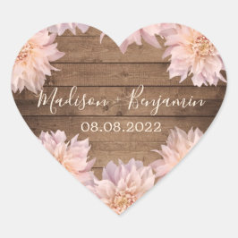 Rosa Dahlia Flower Rustic Wood Bröllop Date Heart Hjärtformat Klistermärke