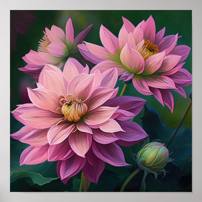 Rosa Dahlia Flowers Art Print Poster (Framsidan)