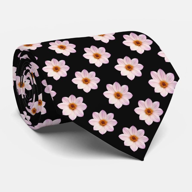 Rosa Dahlia-mönster - Fullfärg på svart Slips (Rullad)