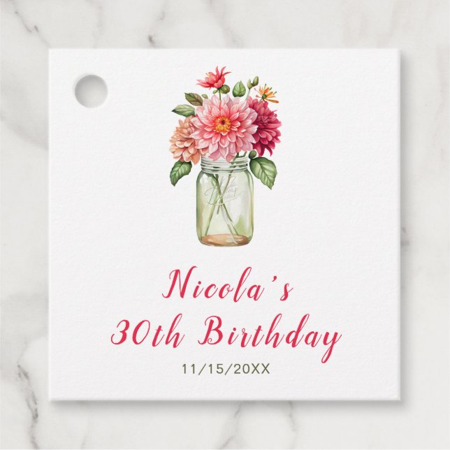 Rosa Dahlias Mason Burk Födelsedagsfest Gåvor Etiketter (Framsida)