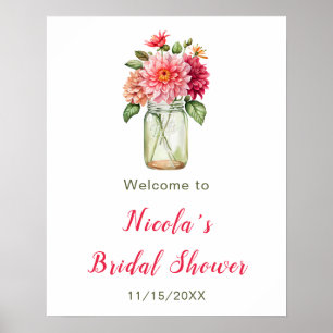 Rosa Dahlias Mason Jar Bröllopsfest Välkommen Poster