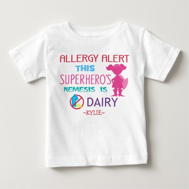 Rosa Dairy Allergy Alert Superhjälte Girls T-shirt (Framsida)
