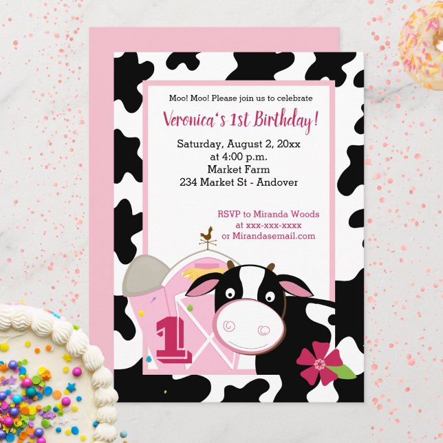 Rosa Dairy Cow Girl vid alla ålders- och födelseda Inbjudningar (Pink Cow Birthday Invitation)
