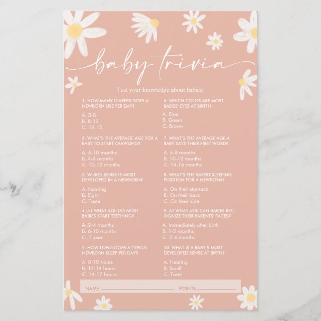 Rosa Daisy Baby Trivia, babyvisningsspel (Framsida)