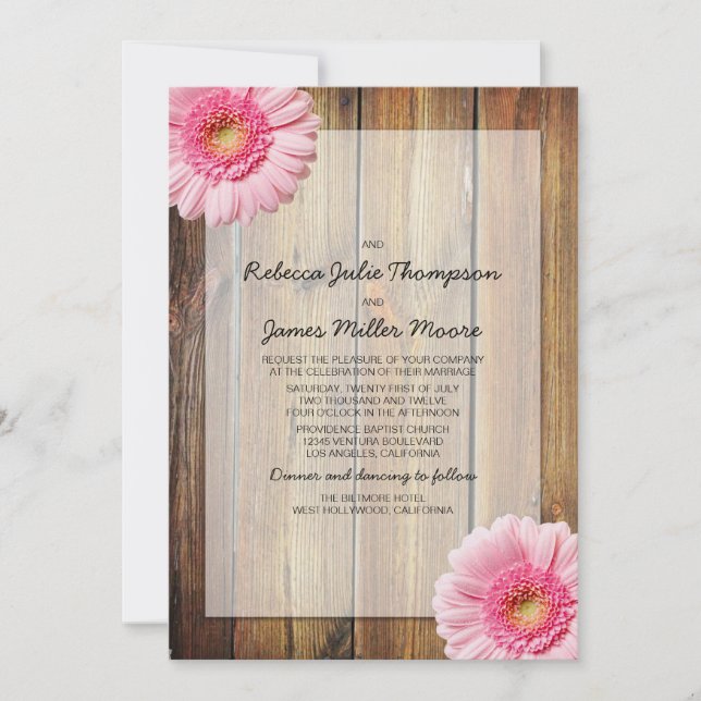 Rosa Daisy Barn Wood Wedding bjudande Inbjudningar (Framsida)