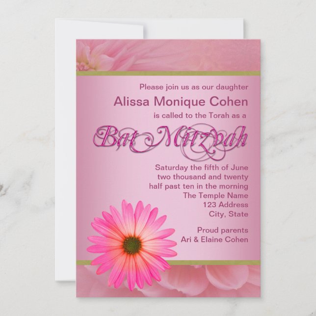 Rosa Daisy Bat Mitzvah-inbjudningar Inbjudningar (Framsida)