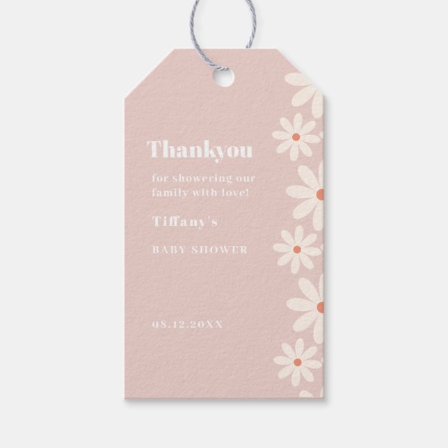 Rosa Daisy Bebisens Förfest blomster tackkort Presentetikett (Framsidan)