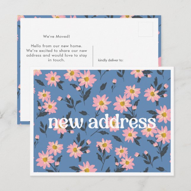 Rosa Daisy Blå Blommig Ny Adress Vi Har Flyttat Vykort (Fram/baksida)