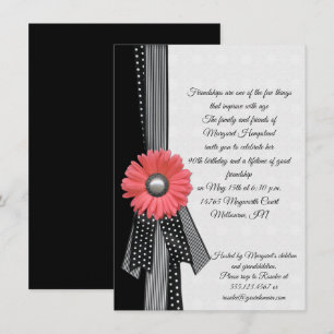 Rosa Daisy Black and White Polka dots Birthday Inbjudningar